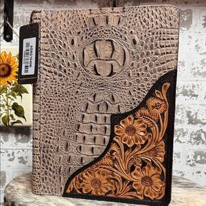 American Darling Taupe Crocodile-Embossed Cover with Brown Floral Tooled Corner